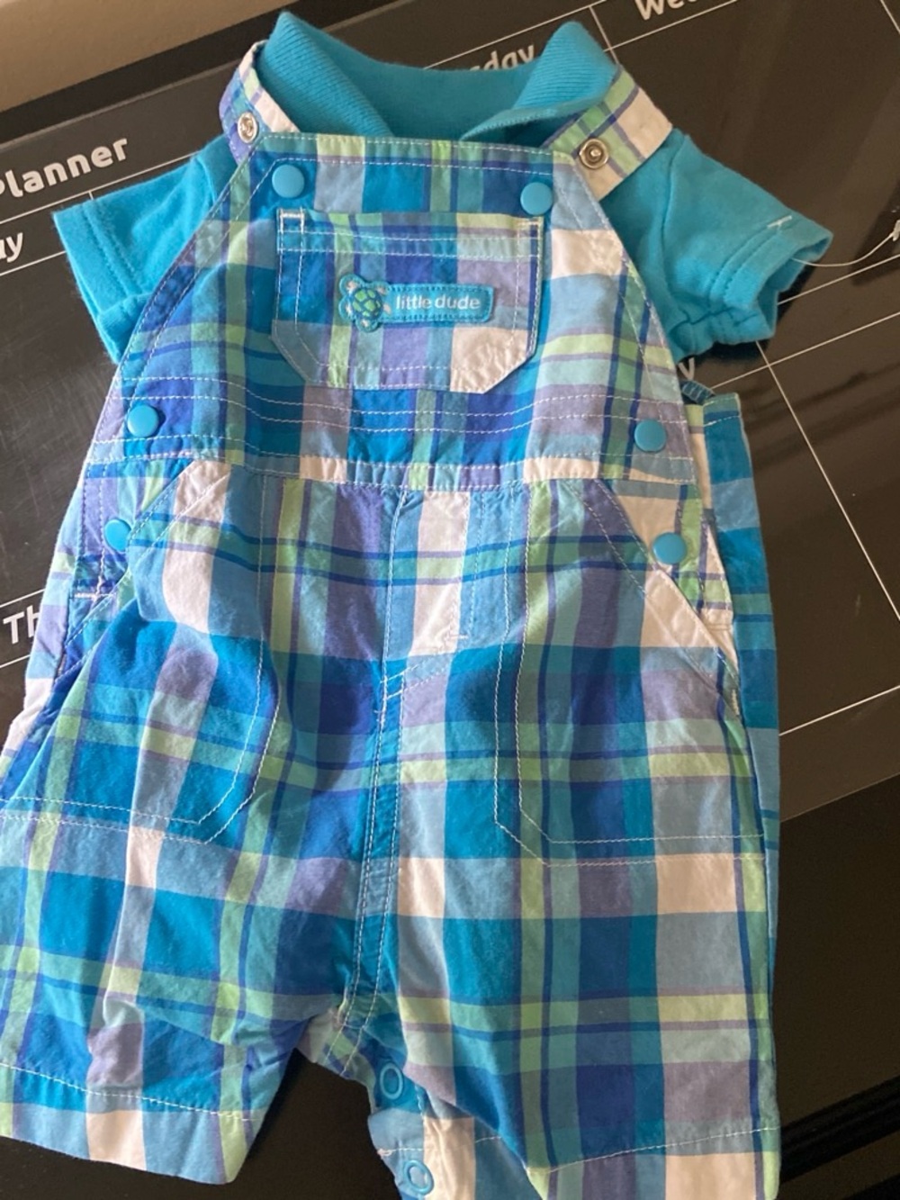 Carter's Blue Plaid Overalls and onesie